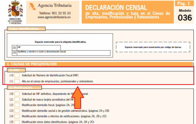 modelo 036 solicitud nif