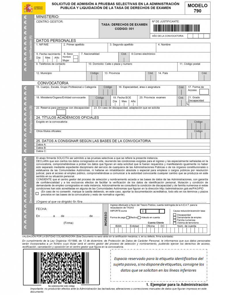 modelo 790 oposiciones examen